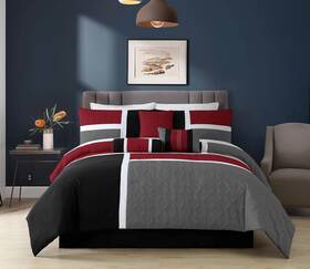 Chezmoi Collection 840079141378 7-piece Quilted Patchwork Comforter Set Stylish Red/gray/black Design King Size