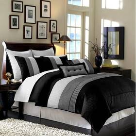 Chezmoi Collection 840079144324 Loft 8-piece Luxury Striped Comforter Set Full Black/gray/white