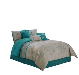 Chezmoi Collection 840079144713 Noriko Luxury 7-piece Teal Cherry Blossoms Floral Embroidery Bedding Comforte