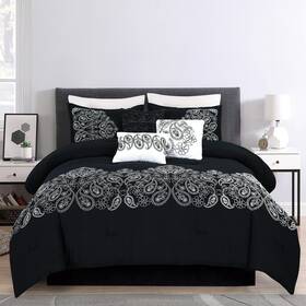 Chezmoi Collection 840079145635 Linz 7-piece Black/white Paisley Floral Scroll Embroidered