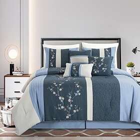 Chezmoi Collection 840079145666 Linnea 7-piece Luxury Blue Navy Gray Cherry Blossom Floral
