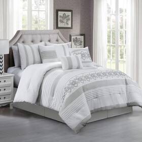 Chezmoi Collection 840079145741 Ariel 7-piece Gray Geometric Chenille Embroidery Pleated Striped Comforter Be