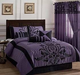Chezmoi Collection 840079145994 Nobility 7-piece Faux Silk Comforter Set Queen - Luxury Violet Black Flocked