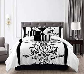 Chezmoi Collection 840079146038 Nobility 7-piece Faux Silk Comforter Set Queen - Luxury White Black Flocked V