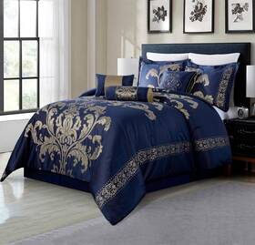 Chezmoi Collection 840079148247 7-piece Jacquard Floral Comforter Set Queen Navy/gold