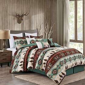 Chezmoi Collection 840079149862 7pc King Size Southwest Aztec Style Comforter Set Burgundy Teal Beige W Cushions