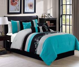 Napa-com-blue-king1 Chezmoi Collection Napa 6 Piece Leaves Scroll Embroidery Bedding Set King Teal