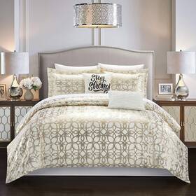 Bcs16300-an Chic Home Shefield Gold Tone Metallic Lattice Pattern Print Bedding King Beige