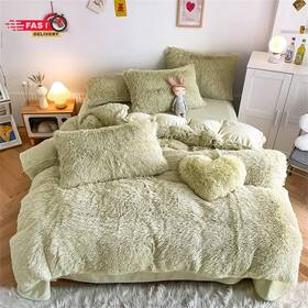 Chovy 445051512585 Faux Fur Plush Light Green Comforter Cover Duvet King - 3pc Bed Set