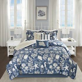 Mpn56767 Coastal Comforter Set King Blue Taupe Cotton Pillow Shams Quilt 7 Piece Bedding
