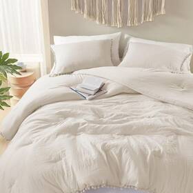 Cod10-1248 Codi Beige King Comforter Set - Boho Aesthetic Luxurious Pom Fringe Bedding F