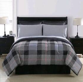 07227400-4 Colormate Vtg Sears Queen 8 Piece Bed In Bag Set York Plaid Red Gray Black New