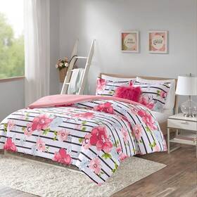 Cs10-0806-1 Comfort Spaces Zoe 4-piece Full/queen Comforter Set In Floral Stripe Print
