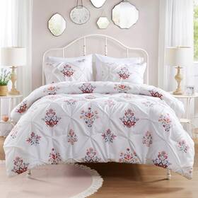 Cs10-1672 Comfort Spaces White Comforter Set - 3 Pieces Pintuck Tufted Vintage Floral Bedding Sets Que