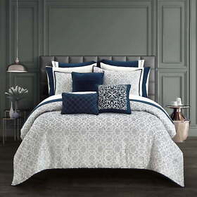 Comforter Bedding Set Jacquard Geometric Blue King Size Decorative Pillows