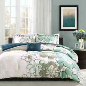 Comforter Set 4-piece Blue Gray Floral Flowers Antimicrobial Full Queen Size