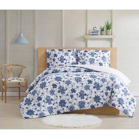 Cs3244kg-1500 Cottage Classics Estate Bloom 3 Piece Blue Cotton King Comforter Set