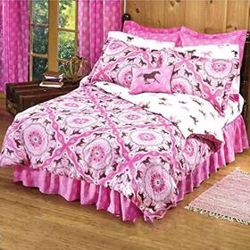 Country Livivng 708325161979 Girls 8 Piece Queen Size 86 Inch X86 Pink Brown Pony Horse Bandana Equestrian Be