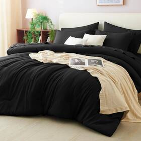 Cozylux 445003450422 Queen Comforter Set Black 7 Pieces Bed In A Bag Soft Bedding