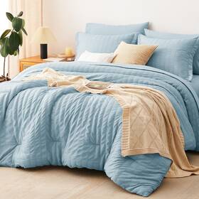 Cozylux 840175604807 Queen Comforter Set Light Blue Seersucker 7 Pieces Bed In A Bag Comfort
