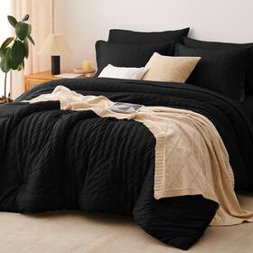 Cozylux 840175605323 King Seersucker Comforter Set With Black Bed In A Bag 7-pieces All Season