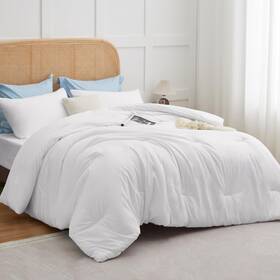 Cozylux 840175608218 White Queen Comforter Set 3 Pieces Solid Breathable Quilted Boho Style Bedding