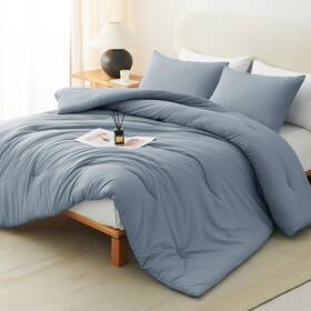 Cozylux 840175608270 Grayish Blue Comforter Set Queen Size 3 Pieces Solid Breathable Quilted Boho