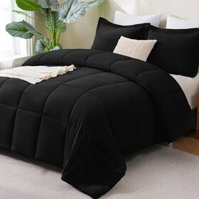 Cozylux 840175612925 Queen Comforter Set Black - 3 Pieces Box Stitched Comforters Size Soft Be
