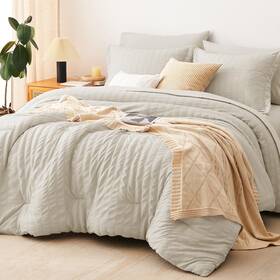 Cozylux 840175613724 Queen Seersucker Comforter Set With Oatmeal Bed In A Bag 7-piece All