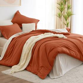 Cozylux 840175614462 King Size Comforter Set Burnt Orange And Beige 7 Pieces Bedding Con