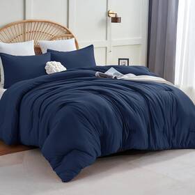Cozylux 840175615087 Navy Blue Comforter Set Queen Size 3 Pieces Solid Breathable Quilted