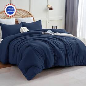Cozylux 840175615094 Comforter Set Navy Blue Full Size 3 Pieces Solid Breathable Quilted Style Sets
