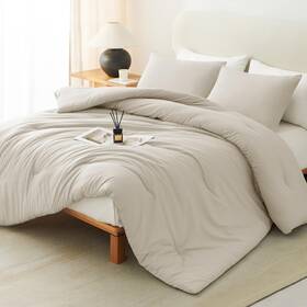 Cozylux 840175615346 Oatmeal King Size Comforter Set 3 Pieces Solid Breathable Quilted Style