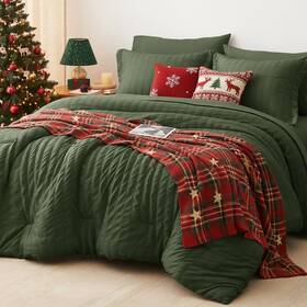 Cozylux 840175618217 Queen Comforter Set Olive Green Seersucker 7 Pieces Bed In A Bag