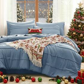 Cozylux 840175618279 Queen Comforter Set Grayish Blue 7 Pieces Soft Pinch Pleat Bed In A