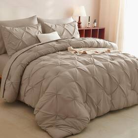 Cozylux 840175618583 Queen Comforter Set Khaki 7 Pieces Pintuck Bed In A Bag Premium Kha