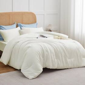 Cozylux 840175620104 Queen Comforter Set Ivory 3 Pieces Solid Breathable Quilted Style