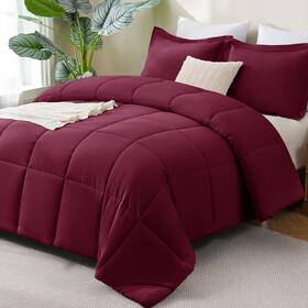 Cozylux 840175622610 Queen Comforter Set - Burgundy Comforters Size 3 Pieces Box Stitched Bed