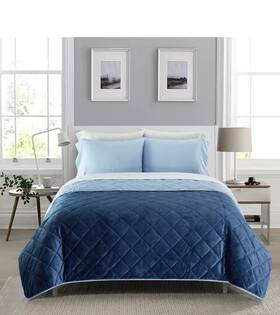 Dearfoams 784857985245 Navy Velvet Plush 7 Piece Quilt Bedding Set With Flannel Sheets Queen