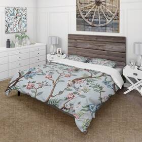 Design Art 780377866026 Designart Ftchinoiserie With Birds And Peonies Xft Traditional Grey Blue King Cove
