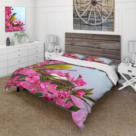 Design Art 780377879286 Designart Ftlittle Yellow Bird Near The Nest With Flowersft Pink King Cover Comf