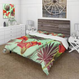 Design Art 780377887502 Designart Fttropical Vintage Flowers Viiift Traditional Duvet Red Green King Cover