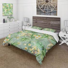 Design Art 780377888578 Designart Fttropical Foliage And Yellow Flowers Xivft Modern Green Twin Cov
