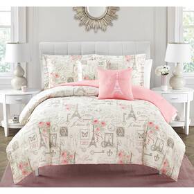 Design Studio 847636029797 City Of Romance Paris Themed Coral/pink Ultra Soft 5 Piece - Queen