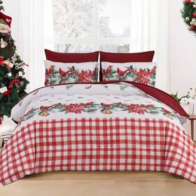 Djy 313115930927 Comforter Set 7 Piece King Size Christmas Bedding Cardinals Poinsetta