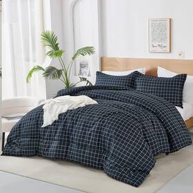 Jy03ab011075q3u-d Djy Plaid Comforter Set Size Blue Checkerd Pattern Bedding Queen Navy