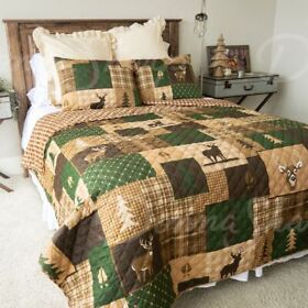 Yls-mf-y2002g Donna Sharp Green Forest Deer Quilted Rustic Country Queen 3-piece Bedding Set