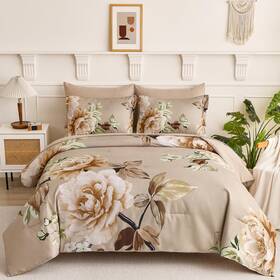 Ab091078 Drucon Floral Comforter Set Queen Size 7 Pieces Bed In A Bag Khaki Bedding S