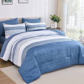 B0f133bd3k Drucon 7 Piece Striped Comforter Set Queen Size Light Blue Bed In A Bag Soft Mi