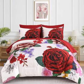 Dr14ab091082q7u-n Drucon Red Floral Comforter Queen Size 7 Pieces Valentines Day Bedding Sets